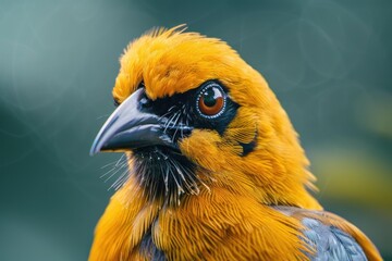 Close up of a beautiful golden weaver bird with bright yellow feathers and a sharp beak, highlighting its vibrant colors and captivating expression