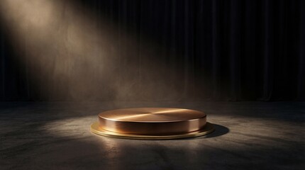 Dramatic spotlight illuminating an empty circular podium on a textured floor, creating an atmosphere of anticipation and importance.