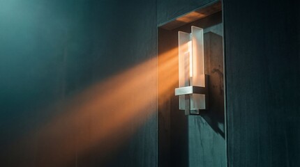 Warm light beam illuminates minimalist modern sconce on dark wall