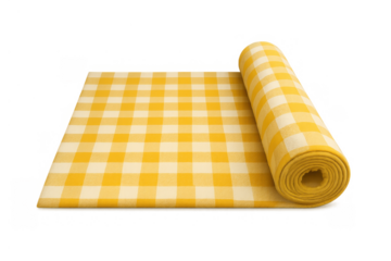 Yellow gingham checkered tablecloth rolling out, picnic textile fabric, food service table setting background
