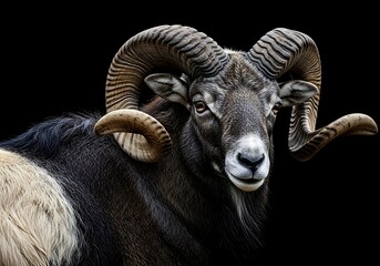 Close Up Portrait of a Ram with Massive Curved Horns. Generative Ai