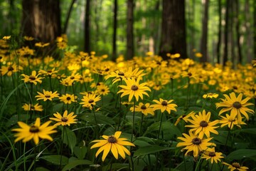 Obraz premium Yellow flowers add a splash of color to a lush green forest floor