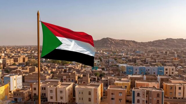 A tall flag of Sudan waves in the wind over a city. The scene shows colorful buildings and a clear blue sky. Palm trees can be seen among the structures.