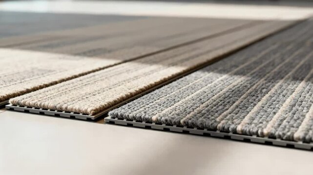 Flexible flooring installation with modular carpet planks being aligned smoothly on a clean floor surface.