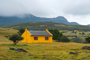 Fototapeta premium Yellow rural house standing in a green meadow with mountains on the background, cloudy sky