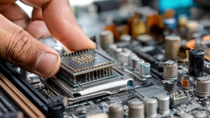 Technician carefully inspects a CPU chip under bright workshop lights focusing on delicate pin adjustments during computer hardware repair