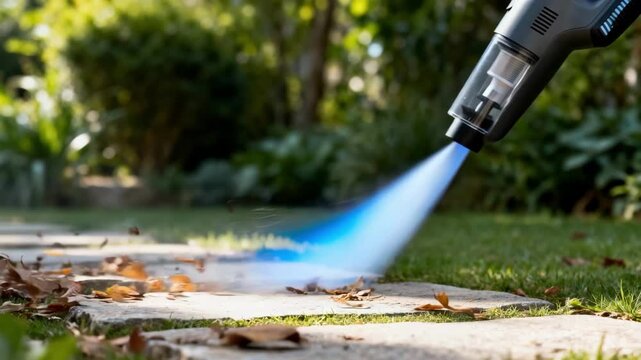 Medium shot of a selfcleaning leaf blower using powerful aironly mode to clear debris from a garden pathway efficiently
