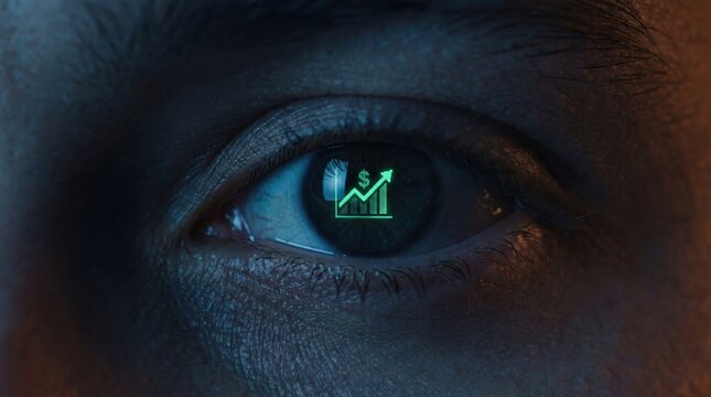 Money dysmorphia - A hyper-realistic close-up of an eye reflecting a smartphone screen displaying a green chart with a dollar sign, emphasizing themes of technology and dystopia.