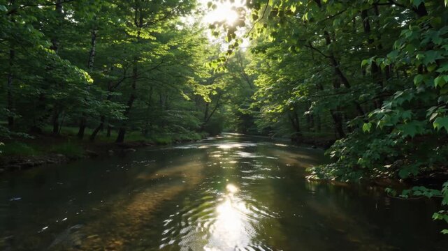 Sunlight filtering through green birch leaves, reflecting dancing light patterns on the surface of a slow-moving forest stream.