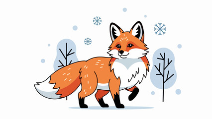 Illustration of a fox running through a winter landscape with bare trees and snowflakes