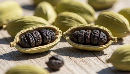 Close up of opened and whole green cardamom pods with black seeds scattered on a wooden surface with bright natural sunlight