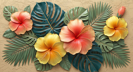3D bas-relief wall art of orange hibiscus and tropical monstera leaves 3D Wall Mural. floral landscapes. 3d floral art, floral wallpaper, Luxurious textile tile wall art