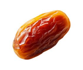 Single dried date fruit shown in close-up photography style on white background, representing natural food, nutrition, and healthy snack concept