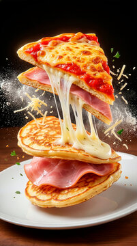 Panqueca de Presunto e Queijo, Cheese Stretch Pizza and Ham Pancake Stack, Creative Fusion Food Isolated on Dark Background