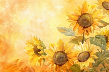 Obraz premium Sunflowers painting evokes warm summer atmosphere with vibrant yellow petals and lush green leaves