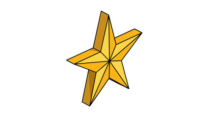 A vibrant golden yellow three-dimensional star with sharp points and a glossy finish, standing upright on a white background.