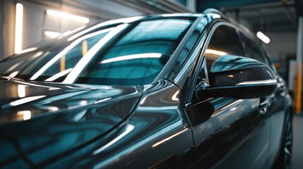 Obraz premium Close-up of a sleek luxury car with glossy reflections in a professional auto detailing studio