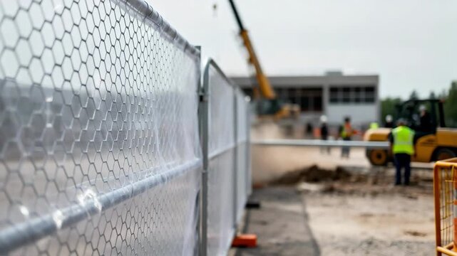 Medium shot showcasing mesh temporary construction fencing highlighting lightweight barrier material for crowd control and site isolation