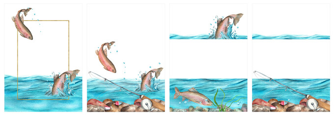 A set of four watercolor greeting card templates on the topic of fishing. Rainbow brown trout fishing, turquoise water waves. Hand-drawn illustration for Antler's Day, fishing business merchandise