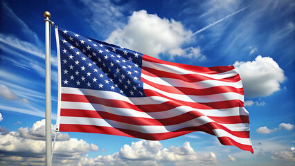 Obraz premium American flag waving in blue sky with white clouds United States flag waving flag red and white stripes