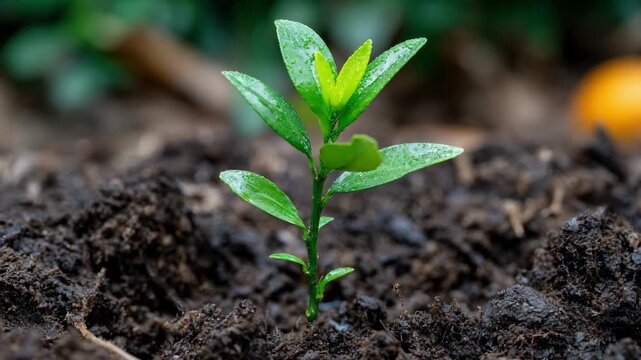 Medium shot of kumquat seedling emerging from soil highlighting early growth phase with fresh green leaves and tender stem in natural outdoor setting.
