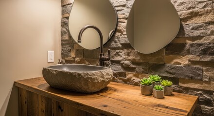 Rustic bathroom vanity features a natural stone basin set against a stacked stone accent wall