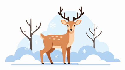Fototapeta premium Majestic deer with antlers standing in a snowy winter landscape with bare trees and a light blue sky