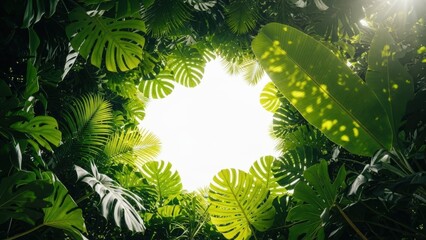 Sunlit tropical canopy seen from below through lush green leaves.