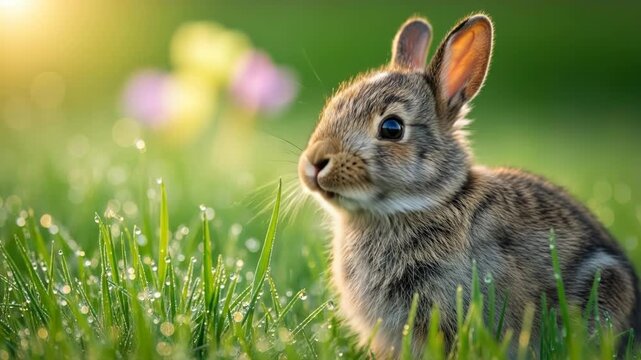 A cute baby rabbit eating fresh green grass with morning dew.