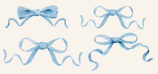 Watercolor blue bows with long flowing ribbons. Perfect for invitations branding packaging gift cards and soft decorative compositions.
