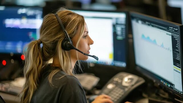 Operator manually managing call routing with headset and multiple phone lines ensuring accurate connection to the right department.