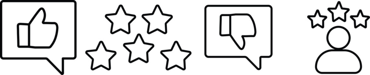 Fototapeta premium Review icon set. Containing feedback, rating, satisfaction, like icons, quality evaluation score, achievement badge, success symbol. symbol of customers rating on transparent background 