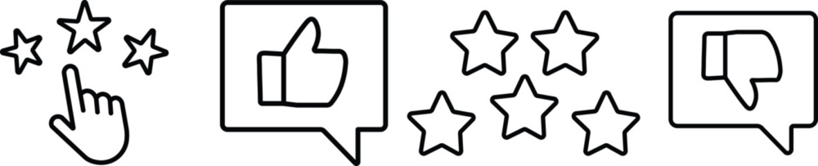 Obraz premium Review icon set. Containing feedback, rating, satisfaction, like icons, quality evaluation score, achievement badge, success symbol. symbol of customers rating on transparent background 