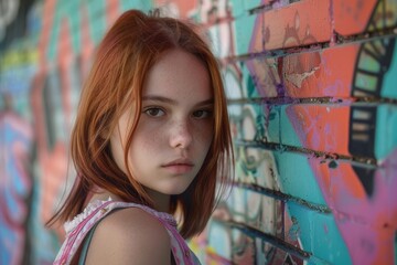 Naklejka premium Portrait of a redhead teenage girl with freckles posing against a brick wall with colorful graffiti