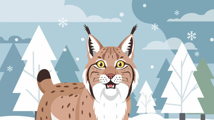 Obraz premium Illustration of a lynx in a winter forest with snow-laden trees and a light blue sky