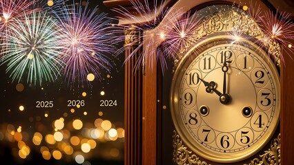 A vintage gold pocket watch counts down to midnight beneath glowing 2025 numerals and vibrant New Year fireworks.