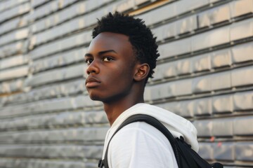 Portrait of a confident black student wearing a white t shirt and carrying backpack