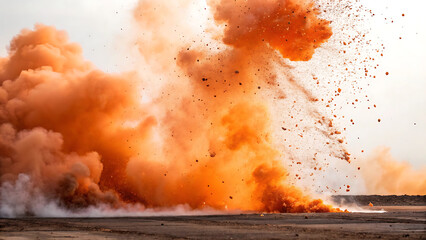 Massive orange explosion with smoke and debris flying everywhere
