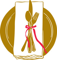 Festive table setting with cutlery and ribbon vector illustration isolated on white background