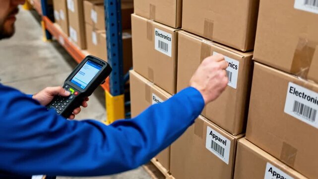 Medium shot of a warehouse worker scanning barcodes on boxes to update stock levels using inventory management software on a handheld device.