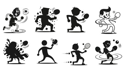 Fototapeta premium Set of cartoon characters playing table tennis, illustrations showing diverse table tennis players with paddles and balls, energetic ping pong game action.