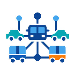 Connected and autonomous vehicles network illustration with buses and cars