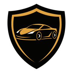 Elegant automotive shield logo design featuring a sleek sports car silhouette