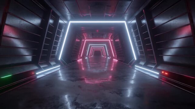 Futuristic Neon Tunnel Hallway with Hexagonal Neon Lights and Reflections.