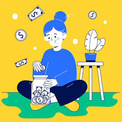 Girl saves money in a jar while enjoying a bright space with plants and coins floating around