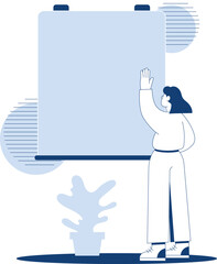 Vector illustration of a woman teaching and explaining by pointing at a blank board