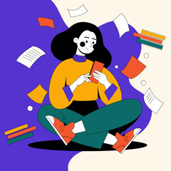 Vector illustration showing a person checking transaction history on a smartphone while sitting