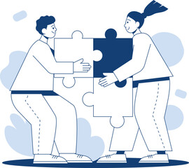 Coworkers work together on a puzzle while holding different pieces in a bright setting