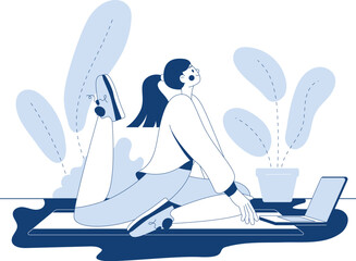 Person stretching during exercise break at home while working remotely on a laptop