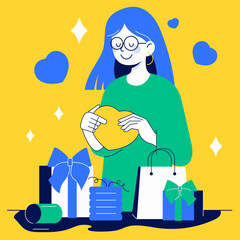 Girl opens gifts and holds a heart in her hands during a holiday celebration in Memphis style